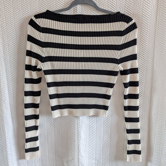 H&M Rib Knit Cropped Boat Neck Top Black and cream/off-white stripes Size Medium - Picture 1 of 7